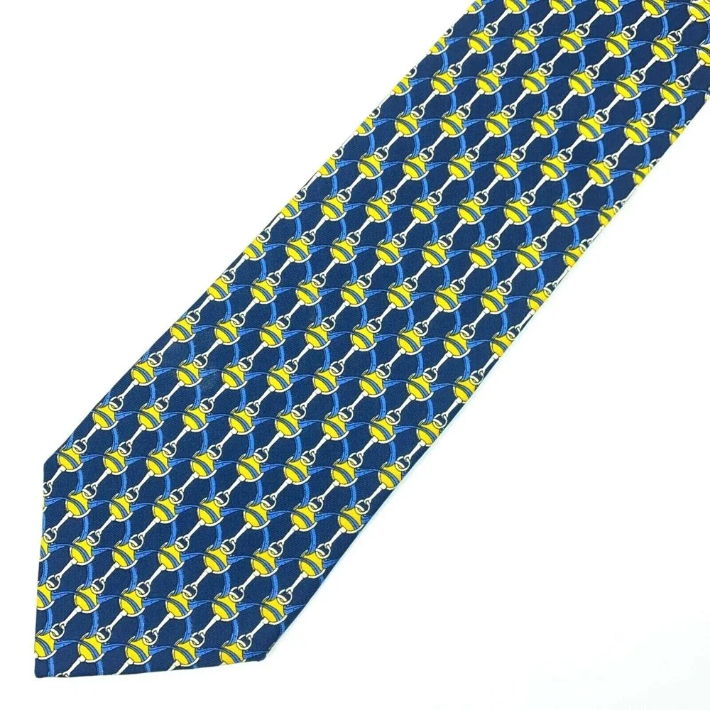 BROOKS BROTHERS MAKERS All Silk Equestrian Motif Blue Yellow Necktie Made in USA